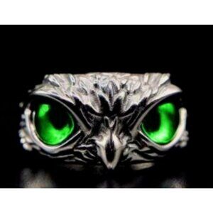 Silver Stainless Steel Green Eye Owl Statement Ring Nickel Free Halo Vintage Y2K